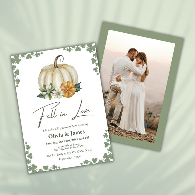Fall in Love Pumpkin Sage Green Engagement Party  Invitation (Fall in Love Pumpkin Sage Green Engagement Party Invitation  )