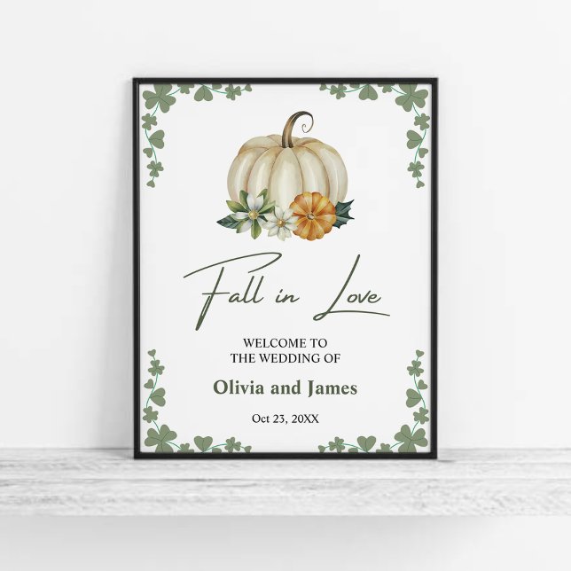 Fall in Love Pumpkin Sage Green Wedding Welcome Poster (Fall in Love Pumpkin Greenery Sage Green Wedding Welcome Sign   )
