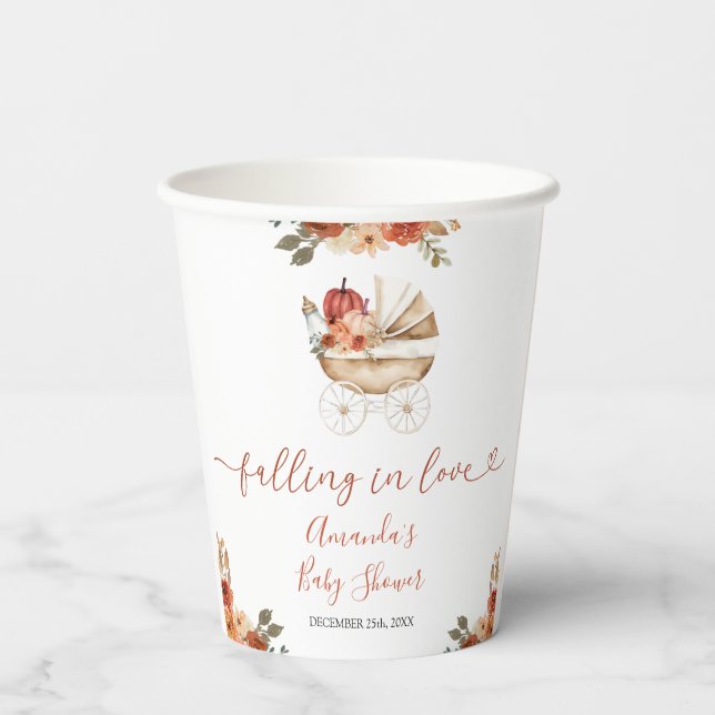 Fall In Love Pumpkin Stroller Floral Baby Shower Paper Cups (Back)