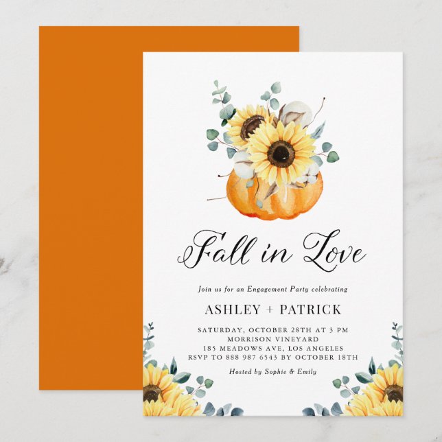 Fall In Love Pumpkin & Sunflower Engagement Party Invitation (Front/Back)