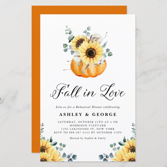 Fall In Love Pumpkin Sunflower Rehearsal Dinner (Front/Back)