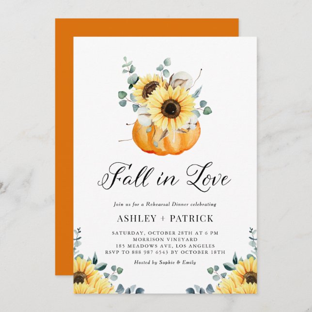 Fall In Love Pumpkin & Sunflower Rehearsal Dinner Invitation (Front/Back)