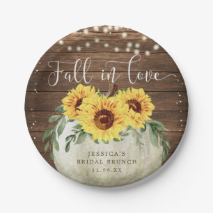 Fall in Love Pumpkin Sunflowers Rustic Paper Plate