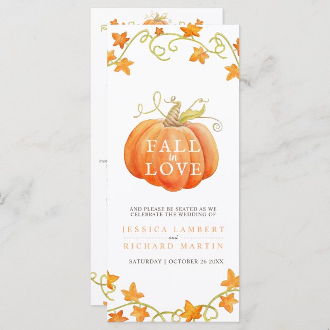 Fall in love pumpkin watercolor wedding program (Front/Back)