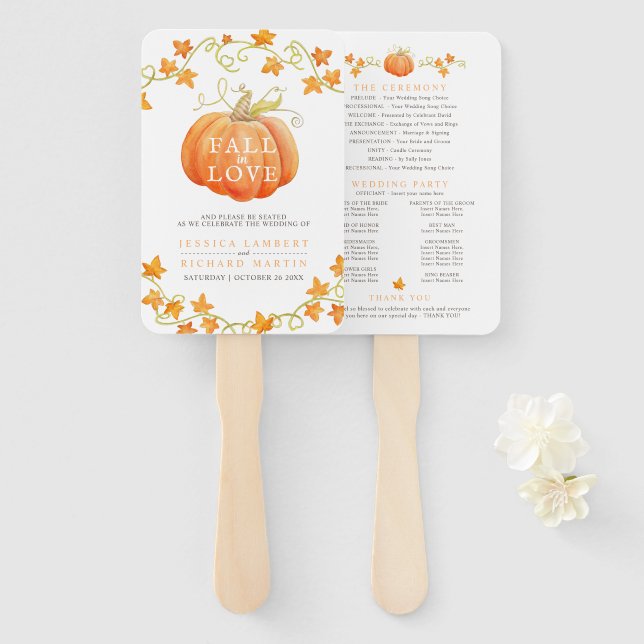 Fall in love pumpkin watercolor wedding program hand fan (Front and Back)