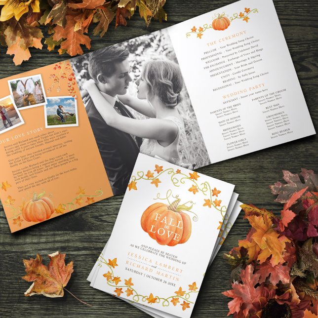 Fall in love pumpkin watercolor wedding  Tri-Fold programme (Creator Uploaded)