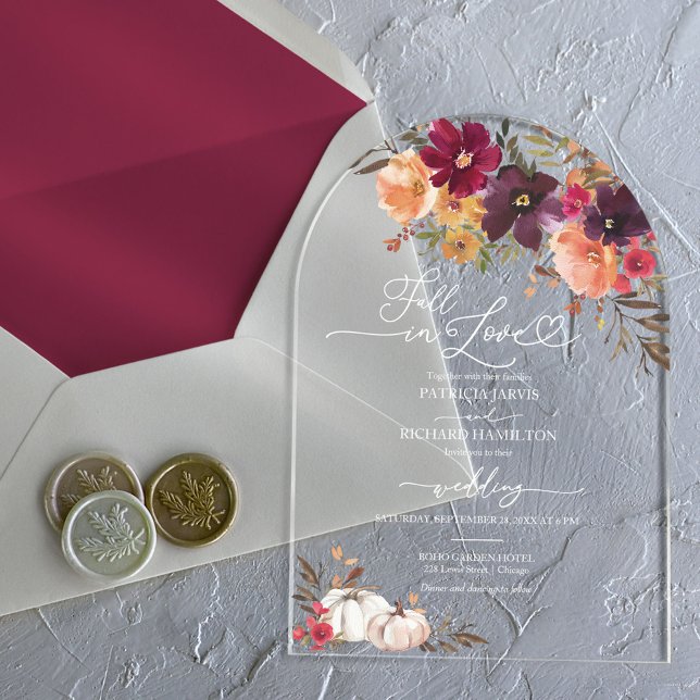 Fall in Love Pumpkin Wedding Burgundy Acrylic Invitations (Creator Uploaded)