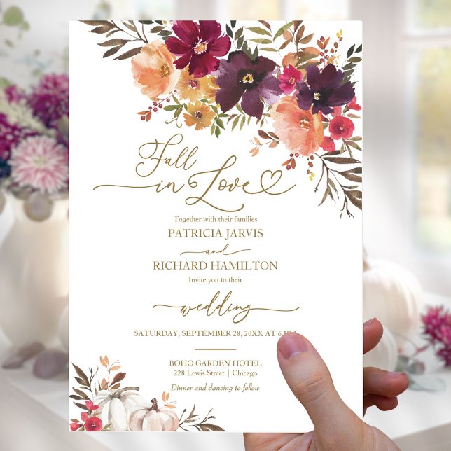 Fall in Love Pumpkin Wedding Burgundy Invitation (Creator Uploaded)
