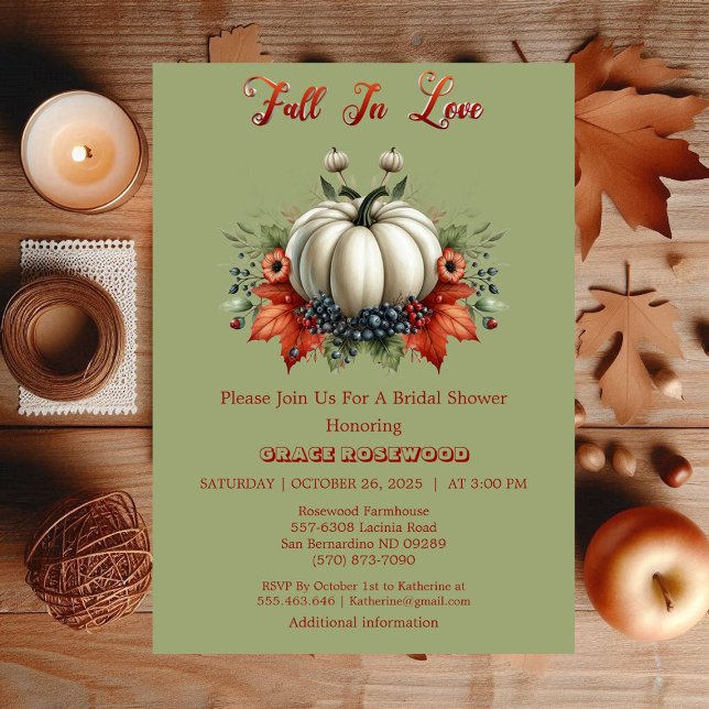 Fall In Love Pumpkins Forest Green Bridal Shower  Invitation (Fall In Love Pumpkins Forest Green Bridal Shower Invitation)