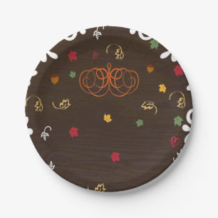 Fall in Love Pumpkins Leaves & Wood Baby Shower Paper Plate