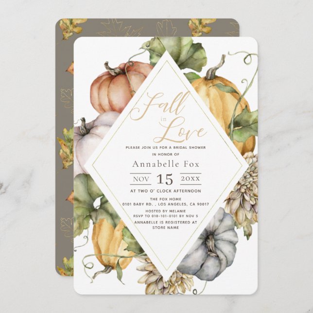 Fall in Love Pumpkins Rhombus Bridal Shower Invitation (Front/Back)