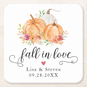Fall In Love Pumpkins Wedding Square Paper Coaster