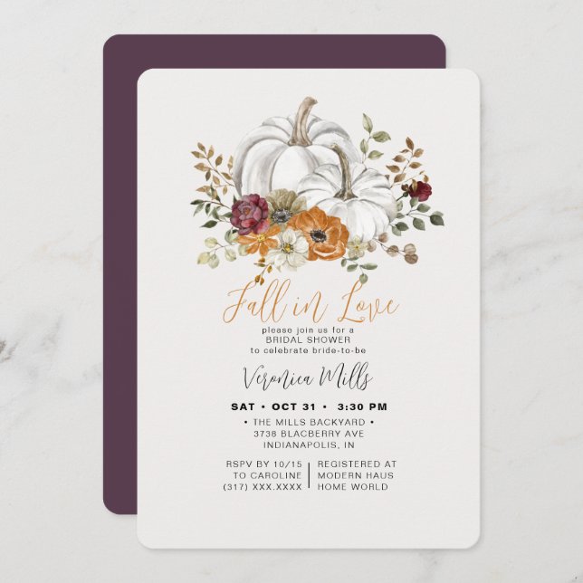 Fall in Love Purple Autumn Pumpkin Bridal Shower Invitation (Front/Back)