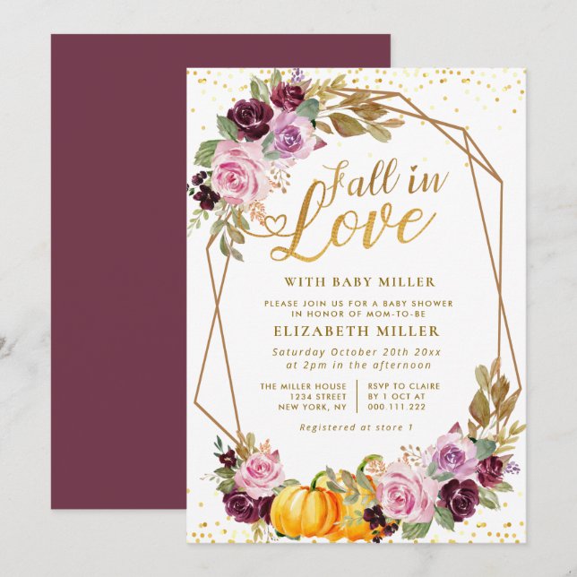 fall in love purple floral baby shower invitation (Front/Back)