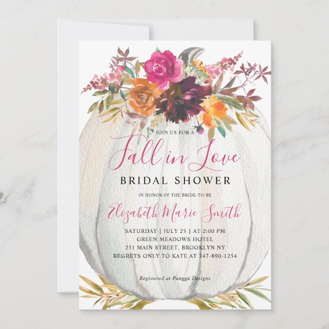 Fall in Love Purple Floral Pumpkin Bridal Shower Invitation (Front)