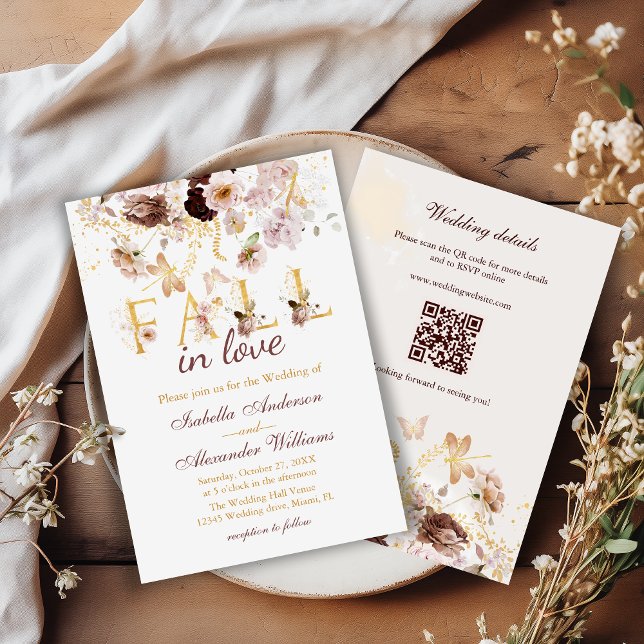 Fall in Love QR Code Peony & Gold Burgundy Wedding Invitation (Creator Uploaded)