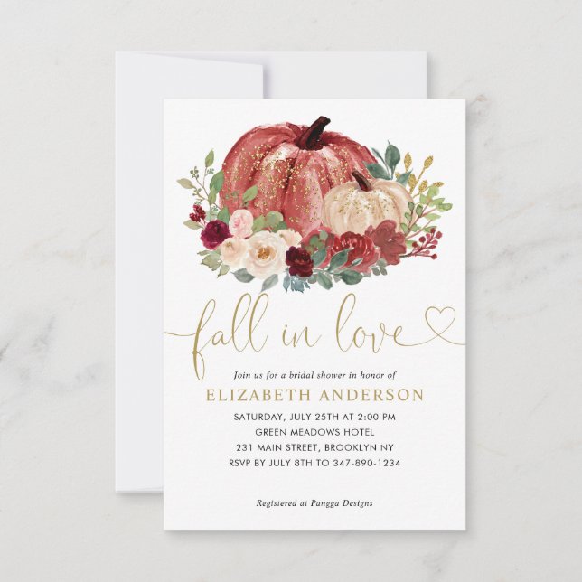 Fall in Love Red Pink Floral Pumpkin Bridal Shower Card (Front)