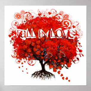 Fall In Love Red Tree With Hearts Falling Poster