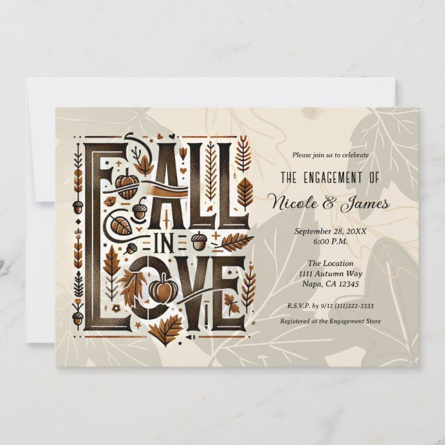 FALL IN LOVE Retro Autumn Fall Engagement Shower  Invitation (Front)