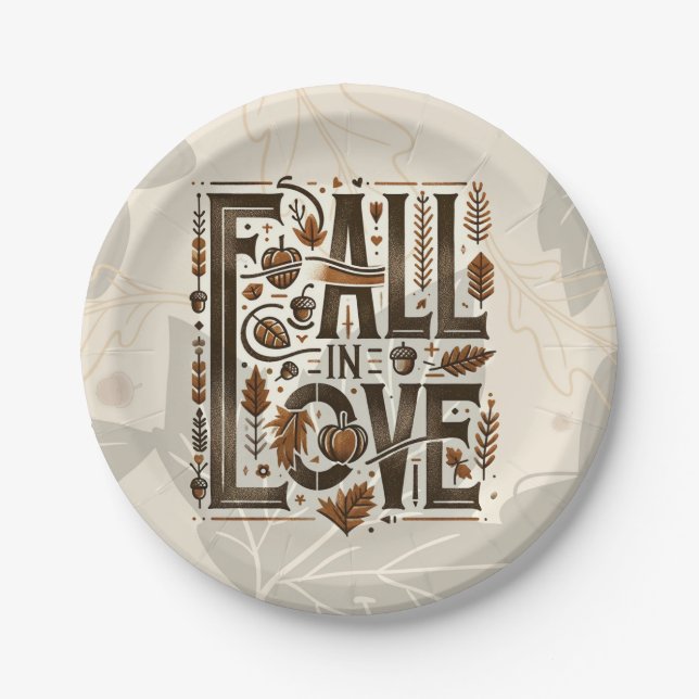 FALL IN LOVE Retro Autumn Fall Engagement Shower  Paper Plate (Front)