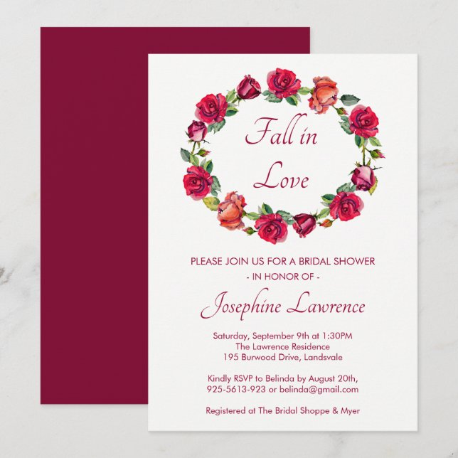 Fall In Love Rose Wreath Floral Bridal Shower Invitation (Front/Back)