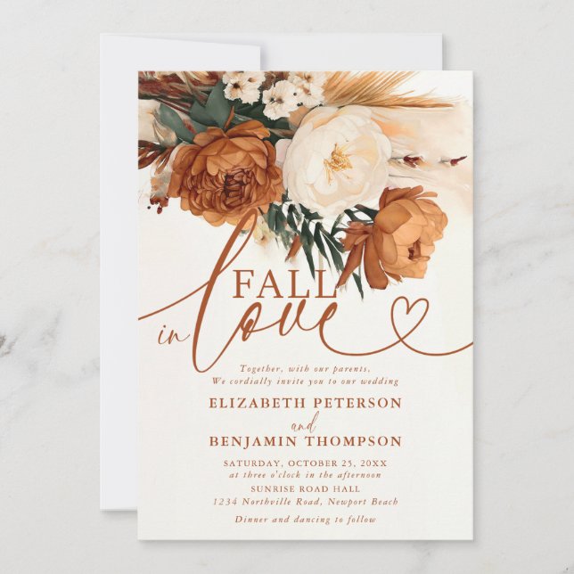 Fall in Love Rust Burnt Orange Green Boho Wedding Invitation (Front)