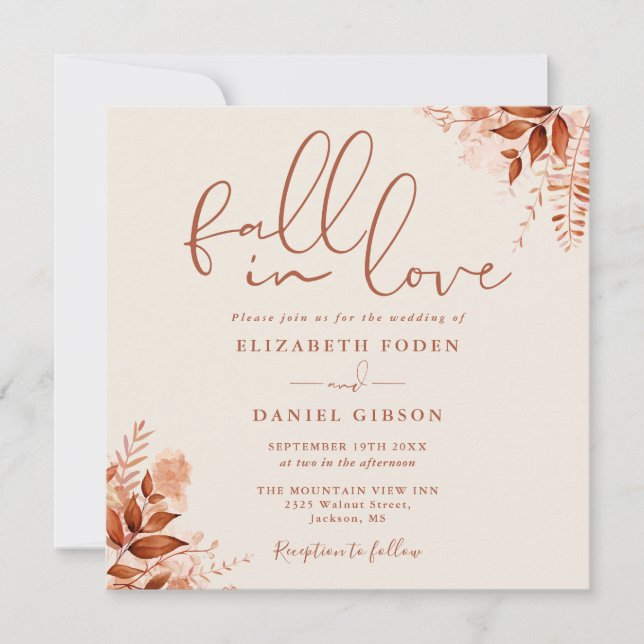 Fall In Love Rustic Autumn Floral Wedding Invitation (Front)