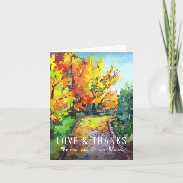 Fall in Love | Rustic Autumn Wedding Photo Thank You Card (Front)