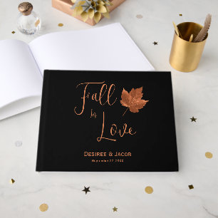 Fall In Love Rustic Copper Brown Black Maple Leaf Guest Book