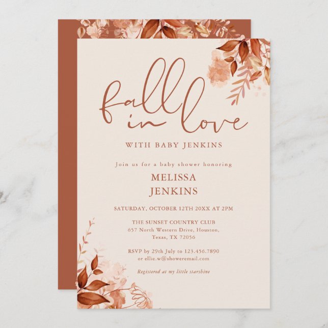 Fall In Love Rustic Floral Autumn Baby Shower Invitation (Front/Back)