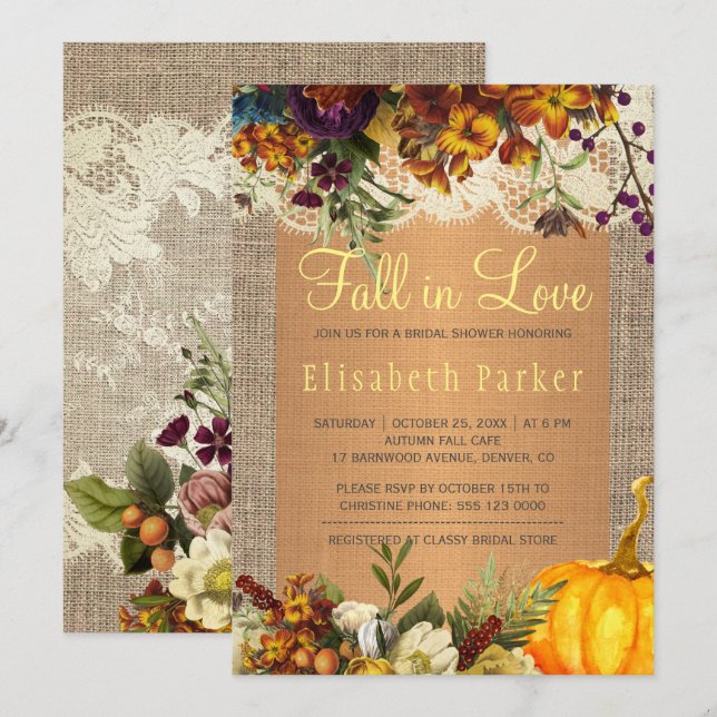 Fall in Love rustic floral burlap bridal shower Invitation (Front/Back)