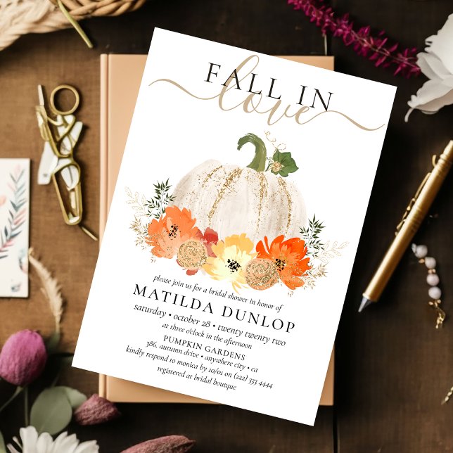 Fall in Love Rustic Glitter Pumpkin Bridal Shower Invitation (Creator Uploaded)