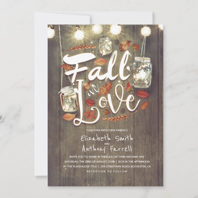 Fall in Love Rustic Mason Jar Lights Wedding Invitation (Front)