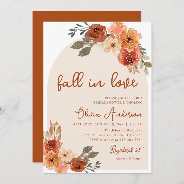 Fall in Love Rustic Orange Autumn Bridal Shower Invitation (Front/Back)