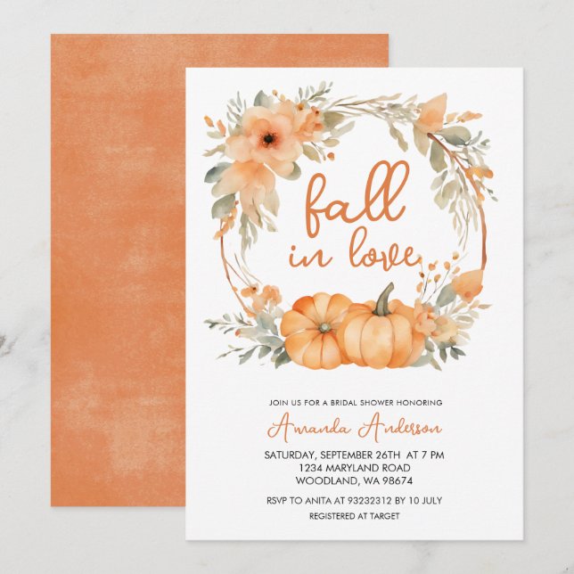 Fall in Love Rustic Orange Pumpkin Bridal Shower Invitation (Front/Back)