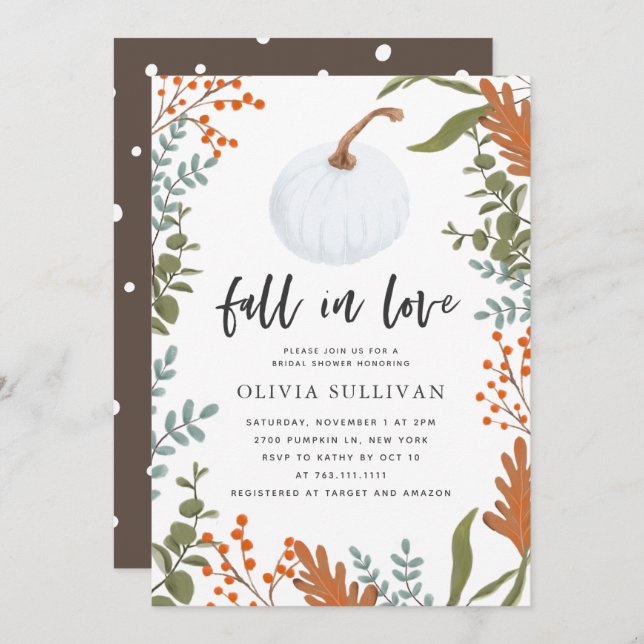 Fall In Love Rustic Pumpkin Bridal Shower Invitation (Front/Back)