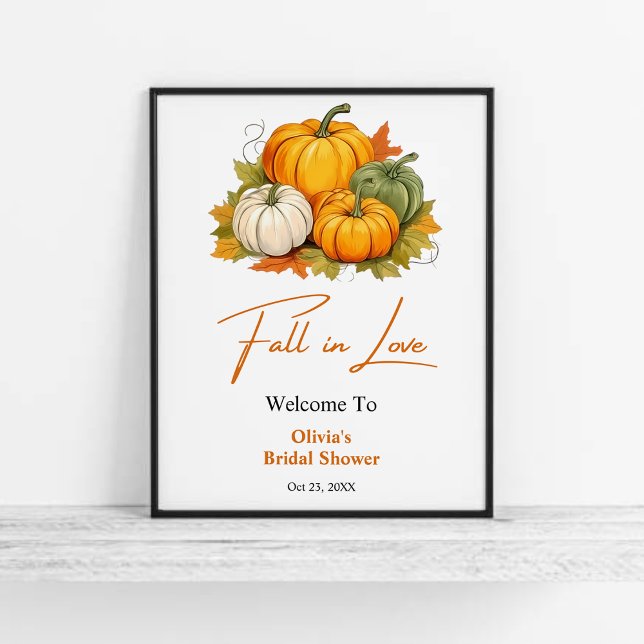 Fall in Love Rustic Pumpkin Bridal Shower Welcome  Poster (Fall in Love Autumn Rustic Pumpkin Bridal Shower Welcome Sign )