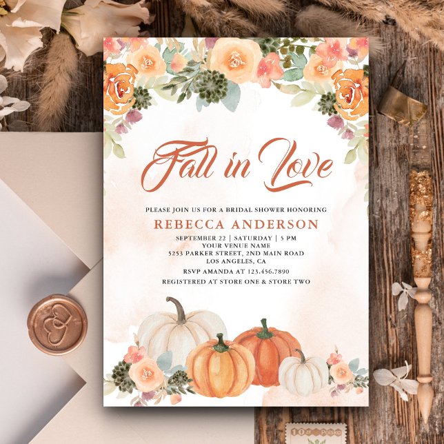 Fall in Love Rustic Pumpkin Floral Bridal Shower Invitation (Creator Uploaded)
