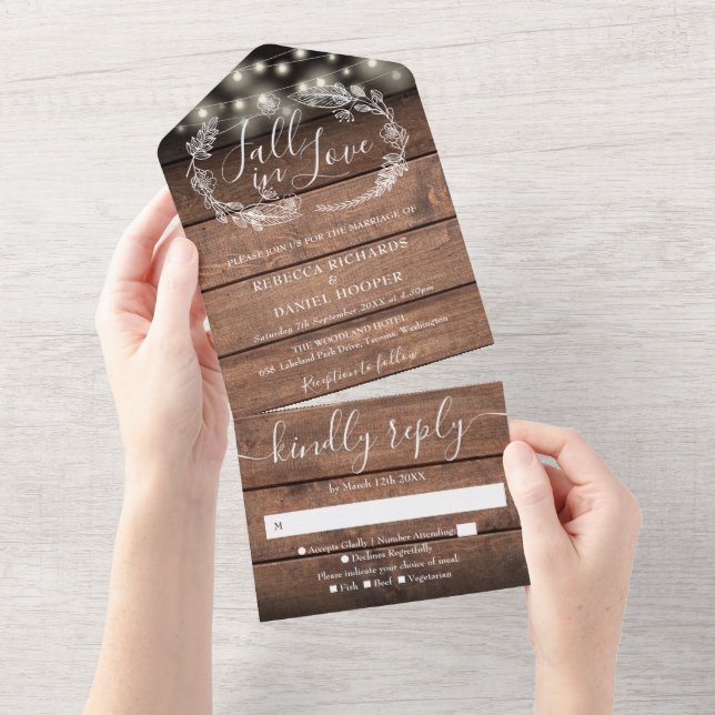 Fall In Love Rustic String Lights Floral Wedding All In One Invitation (Tearaway)