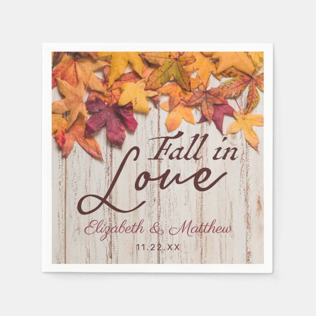 Fall in Love Rustic Wood Autumn Leaves Wedding Napkin (Front)