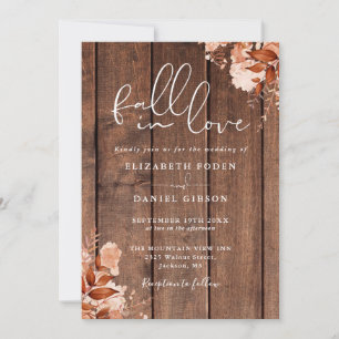 Fall In Love Rustic Wood Floral QR Code Wedding Invitation