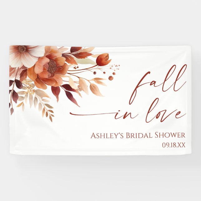 Fall In Love Rusty Burgundy Floral Bridal Shower Banner (Horizontal)