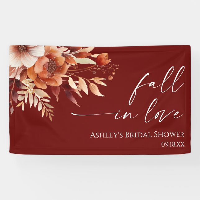 Fall In Love Rusty Burgundy Floral Bridal Shower Banner (Horizontal)