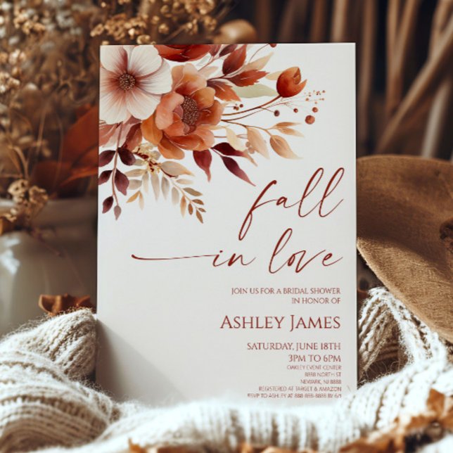 Fall In Love Rusty Burgundy Floral Bridal Shower Invitation (Creator Uploaded)