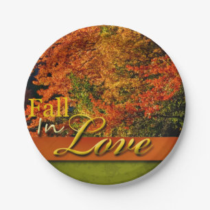 Fall In Love Scenic Rustic Wedding Photo Autumn Paper Plate