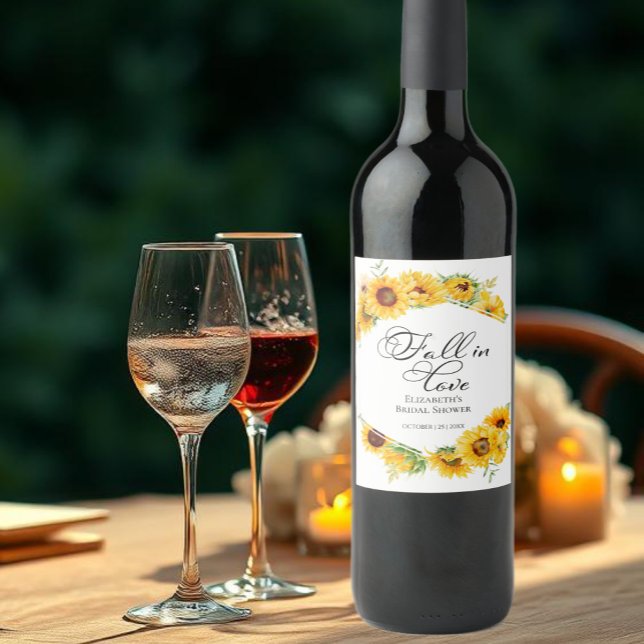 Fall In Love Sunflower Autumn Bridal Shower Wine Label (Creator Uploaded)