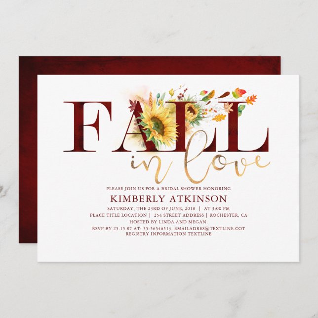 Fall in Love Sunflower Burgundy Chic Bridal Shower Invitation (Front/Back)