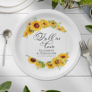 Fall in love     Sunflower Floral Autumn Wedding Paper Plate