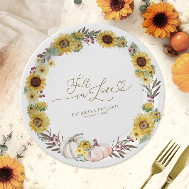 Fall in Love Sunflower Pumpkin Wedding Paper Plate (Creator Uploaded)