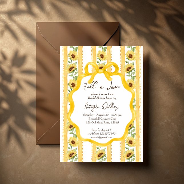 Fall in love sunflower yellow stripe bridal shower invitation (Fall in love sunflowers grandmillenial retro bow wavy border yellow stripes bridal shower invitation)